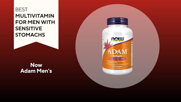 A red and black background with a white banner that reads Best Multivitamin for Men with Sensitive Stomachs next to a bottle of Now Adam soft gel Men's multivitamins